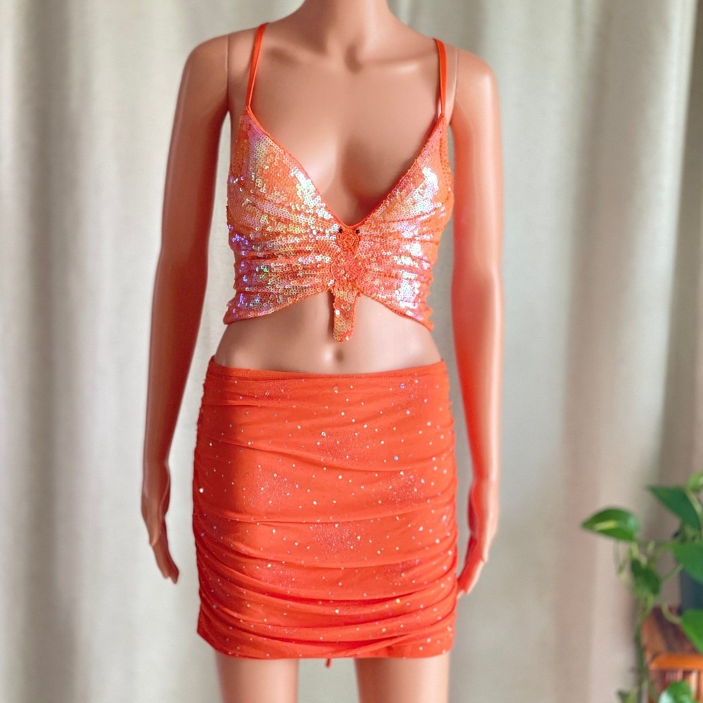 Orange Sequin Butterfly Crop Top Ruched Mini Skirt Two Piece Set Euphoria Rave M - Picture 2 of 10